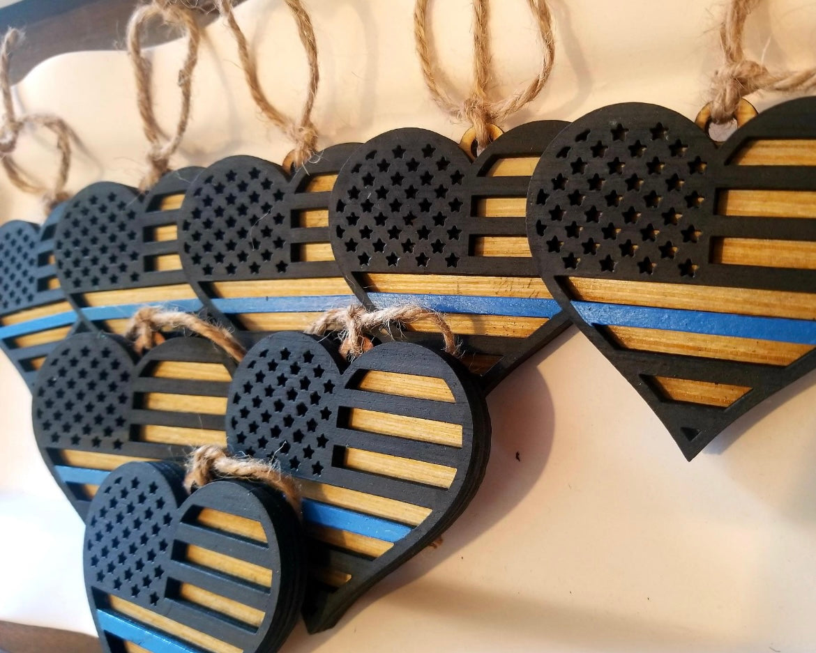 Heart-Shaped Thin Line Flag Wooden Ornament