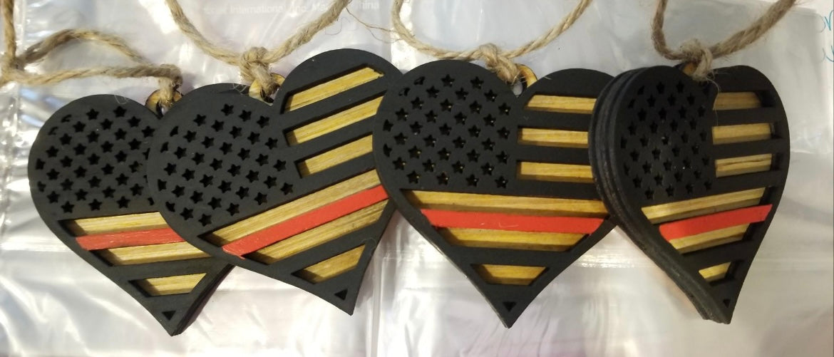 Heart-Shaped Thin Line Flag Wooden Ornament